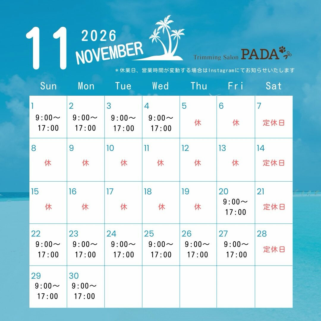 11月の営業時間のお知らせです📢